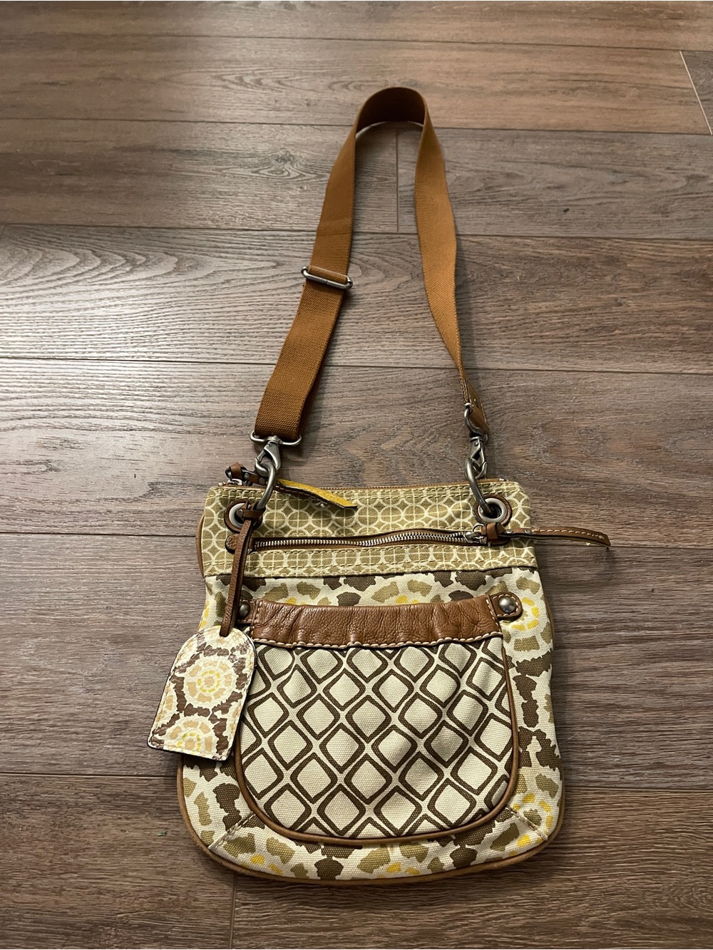 Vintage Fossil Key-per Crossbody Brown & Yellow Pattern